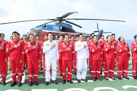 Phó Thủ tướng Bùi Thanh Sơn và các đại biểu thực hiện nghi thức chào cờ tại Giàn công nghệ Trung tâm CPP-Lô 15-1. (Ảnh: VGP/Hải Minh)