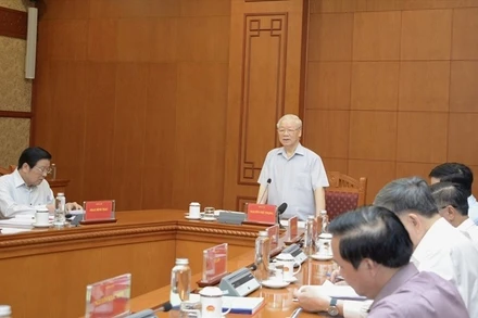 Tổng Bí thư Nguyễn Phú Trọng chủ trì cuộc họp của Thường trực Ban Chỉ đạo Trung ương về phòng, chống tham nhũng, tiêu cực hồi tháng 4/2022. (Ảnh: TTXVN)