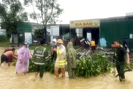 Các lực lượng huyện Cát Tiên cắt dọn cây xanh ngã đổ trên các tuyến đường.