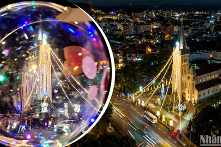 Nhà thờ chánh tòa Đà Lạt (nhà thờ Con Gà) lung linh sắc màu trong mùa Giáng sinh.