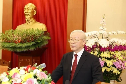 Tổng Bí thư Nguyễn Phú Trọng, Bí thư Quân ủy Trung ương phát biểu tại buổi gặp mặt đại biểu Đại hội Đoàn Thanh niên Cộng sản Hồ Chí Minh Quân đội lần thứ X (2022-2027). (Ảnh: Trí Dũng/TTXVN)