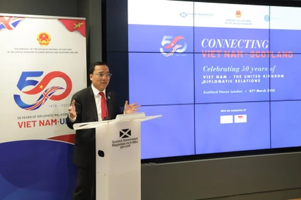 Đại sứ Việt Nam tại Anh Nguyễn Hoàng Long phát biểu tại sự kiện. (Ảnh: TTXVN)