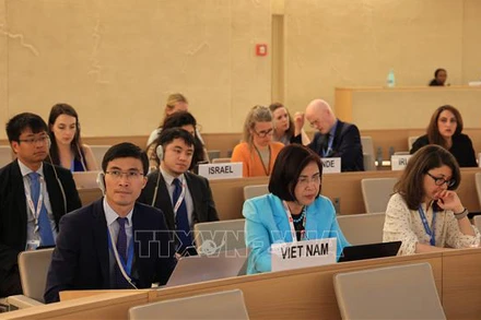 Đại sứ Lê Thị Tuyết Mai (áo xanh) cùng cán bộ Phái đoàn Việt Nam tại Geneva. (Ảnh: TTXVN)