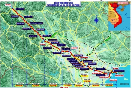Bản đồ tổng hướng tuyến đường sắt Lào Cai-Hà Nội-Hải Phòng. 