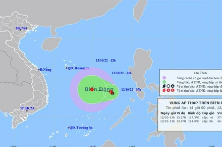 Vị trí và hướng di chuyển của vùng áp thấp. (Nguồn: nchmf.gov.vn)