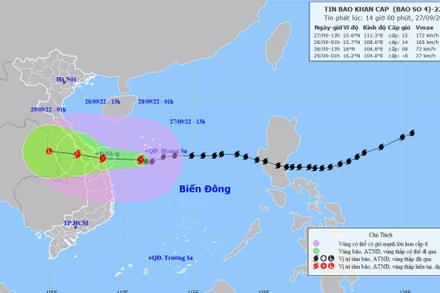 Vị trí và hướng di chuyển của bão số 4. (Nguồn: nchmg.gov.vn)