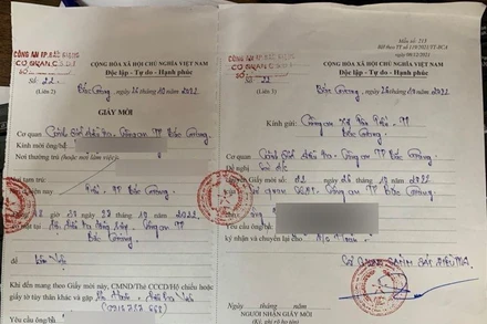 Giấy mời phóng viên N.V.T đến cơ quan Công an Bắc Giang để xác minh vụ việc. 