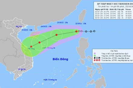 Vị trí và hướng di chuyển của áp thấp nhiệt đới. (Nguồn: nchmf.gov.vn)