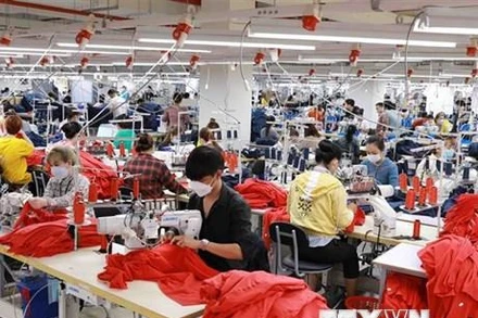 Một dây chuyền may quần áo thể thao xuất khẩu. (Ảnh: Vũ Sinh/TTXVN)