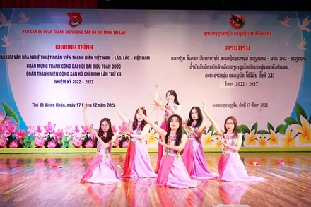 Tiết mục biểu diễn nghệ thuật của đoàn viên thanh niên Việt Nam tại Lào. (Ảnh: HẢI TIẾN)