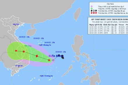 Vị trí và hướng di chuyển của áp thấp nhiệt đới. (Nguồn: nchmf.gov.vn)