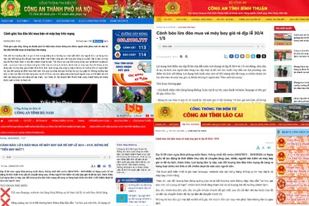 Ảnh chụp màn hình các thông báo cảnh báo của Công an thành phố Hà Nội, Công an tỉnh Bình Thuận, Công an tỉnh Hà Nam và Công an tỉnh Lào Cai về tình trạng lừa đảo mua bán vé máy bay giá rẻ qua mạng dịp lễ 30/4 và 1/5. (Ảnh chụp màn hình).