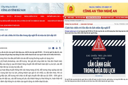 Cảnh báo trên Cổng thông tin điện tử Công an tỉnh Hà Nam (trái) và Công an tỉnh Nghệ An (phải) về các chiêu trò lừa đảo dịp nghỉ lễ, mùa du lịch. (Ảnh: chụp màn hình)