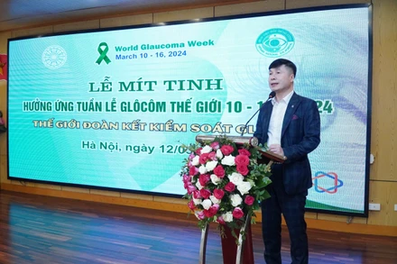 Phó Giáo sư, Tiến sĩ Cung Hồng Sơn, Phó giám đốc Bệnh viện Mắt Trung ương phát biểu tại lễ mít-tinh.