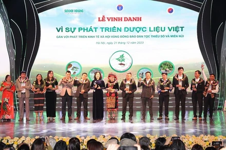 Bộ trưởng Y tế Đào Hồng Lan trao Cúp vinh danh Vì sự phát triển dược liệu Việt cho các hợp tác xã tiêu biểu.