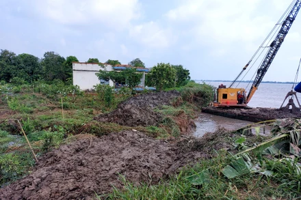 Thực hiện phương châm “4 tại chỗ” huy động phương tiện gia cố tạm thời khu vực sạt lở tại cồn Thanh Long vào chiều 21/4. 