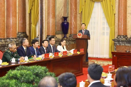 Chủ tịch nước Võ Văn Thưởng phát biểu tại buổi gặp mặt. (Ảnh: TTXVN)