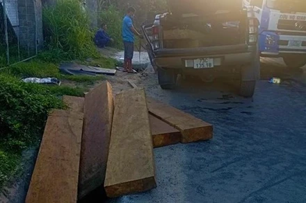 Hiện trường vụ xe chở gỗ lậu tự gây tai nạn làm 2 người thương vong ở Quảng Bình.