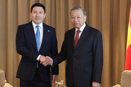 Tổng Bí thư Tô Lâm tiếp Tổng Giám đốc Quỹ đầu tư Quốc gia Kazakhstan Samruk - Kazyna Nurlan Zhakupov. (Ảnh: Thống Nhất/TTXVN)