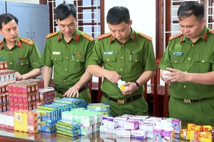 Công an xem xét các loại thuốc tân dược giả. (Ảnh: VGP)