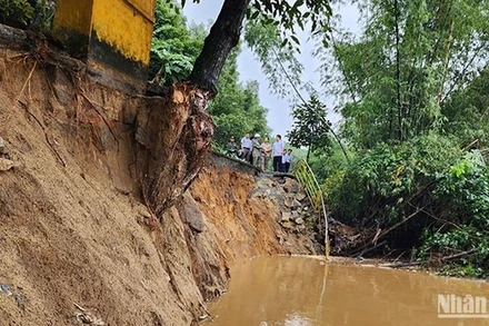 Lũ lớn trên sông Vệ làm sạt lở cuối trôi toàn bộ mái ta-luy âm nền đường ĐT.624B đoạn qua Dinh Bà, thôn Thuận Hòa, xã Hành Thịnh, với chiều dài khoảng 15m, gây nguy cơ xảy ra tai nạn cho người và phương tiện khi tham gia giao thông qua vị trí này. 