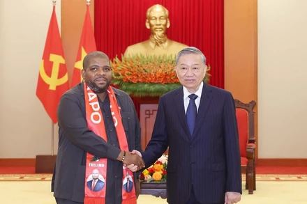 Tổng Bí thư Tô Lâm tiếp Tổng Thư ký Đảng Mặt trận giải phóng Mozambique (FRELIMO) Chakil Felizardo Aboobacar. (Ảnh: Thống Nhất/TTXVN).