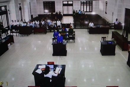 Toàn cảnh phiên tòa từ màn hình.