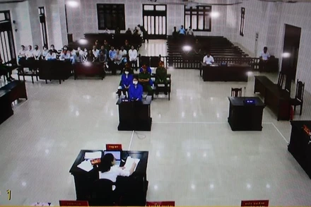 Toàn cảnh phiên toà qua màn hình.