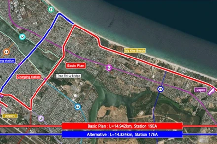 Sơ đồ tuyến đường sắt đô thị sân bay Đà Nẵng-biển Mỹ Khê. (Ảnh: Ban Xúc tiến và Hỗ trợ đầu tư thành phố Đà Nẵng).