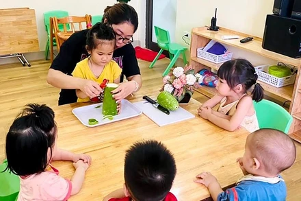 Một lớp học tại Trường mầm non tư thục Galaxy Ngân Hà, quận Hoàng Mai, Hà Nội. (Ảnh: ĐĂNG KHOA)