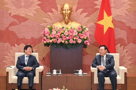 Chủ tịch Quốc hội Vương Đình Huệ và nguyên Chủ tịch Quốc hội Hàn Quốc Park Byeong Seug tại buổi tiếp. (Ảnh: DUY LINH)