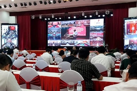 Quang cảnh điểm cầu hội nghị của tỉnh Nghệ An ở thành phố Vinh.