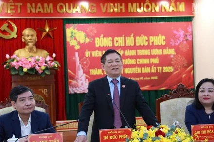 Phó Thủ tướng Chính phủ Hồ Đức Phớc phát biểu chúc Tết Đảng bộ, chính quyền và nhân dân Phú Yên tại cuộc gặp mặt.