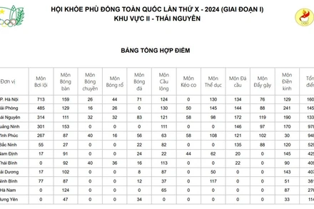Bảng Tổng sắp kết quả chung cuộc Hội khỏe Phù Đổng toàn quốc-khu vực II