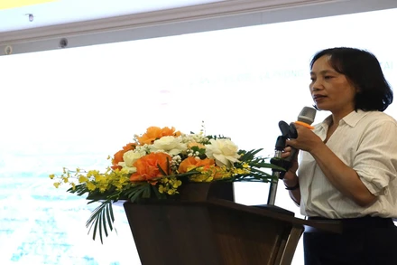 Bà Đặng Thị Hương, Phó phòng Phòng Ứng phó và Khắc phục hậu quả thiên tai,·Cục Quản lý đê điều và Phòng, chống thiên tai, phát biểu tại hội thảo.