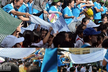 Đại biểu Hành trình che nắng để các em thiếu nhi thưởng thức chương trình. 