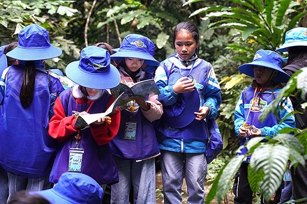 Các thành viên "nhí" của Hành trình tìm hiểu các loài cây trong Vườn quốc gia Cúc Phương.