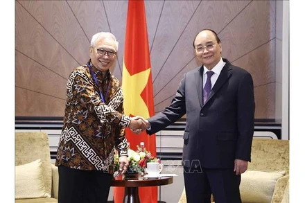 Chủ tịch nước Nguyễn Xuân Phúc tiếp Chủ tịch Hội Hữu nghị Indonesia - Việt Nam, Tổng Giám đốc Tập đoàn Ciputra Budiarsa Sastrawinata. (Ảnh: Thống Nhất/TTXVN)