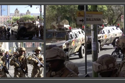 Hình ảnh binh sỹ Bolivia tràn vào quảng trường Murillo ở La Paz. (Ảnh cắt từ clip của Reuters)