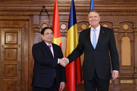 Thủ tướng Phạm Minh Chính hội kiến Tổng thống Romania Klaus Iohannis. (Ảnh: Nhật Bắc)