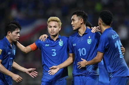 Đội trưởng Thái Lan Theerathon Bunmathan, số 3, tiền đạo Teerasil Dangda, số 10, và các đồng đội. (Nguồn: Bangkok Post)