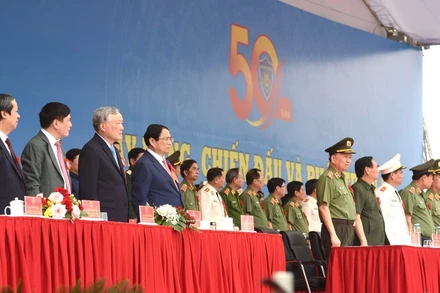 Thủ tướng Phạm Minh Chính và các đồng chí lãnh đạo tham dự Lễ kỷ niệm. (Ảnh: Trần Hải)