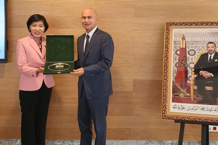 Đại sứ Đặng Thị Thu Hà thay mặt Ủy ban ASEAN tại Rabat tặng kỷ niệm chương cho các cơ quan đồng tổ chức hội thảo.