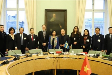 Đồng chí Trương Thị Mai làm việc với Phó Chủ nhiệm Uỷ ban Đối ngoại Quốc hội Thuỵ Điển Morgan Johansson (thứ 5, từ phải sang). (Ảnh: Mạnh Hùng/TTXVN) 