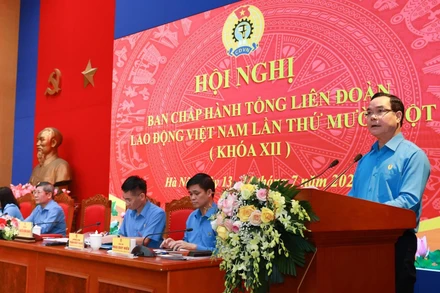 Đồng chí Nguyễn Đình Khang, Ủy viên Trung ương Đảng, Chủ tịch Tổng Liên đoàn Lao động Việt Nam phát biểu tại Hội nghị.