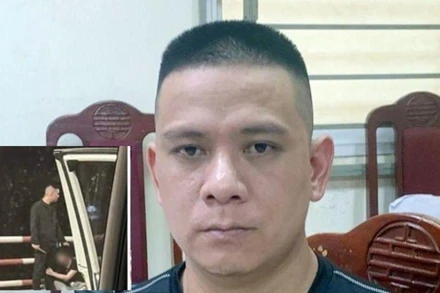 Lê Văn Thức và hình ảnh hung thủ dùng dao khống chế chị T. trên cầu Gia Bẩy. (Ảnh: Công an cung cấp)