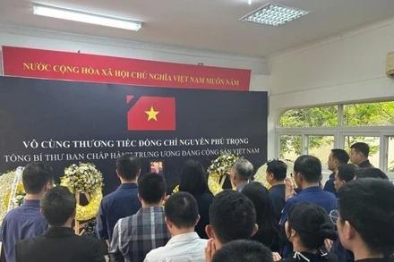 Trong không khí trang nghiêm, xúc động, Đại sứ và cán bộ, nhân viên Đại sứ quán và cộng đồng người Việt tại Tanzania đã dành một phút mặc niệm tưởng nhớ và tiễn biệt Tổng Bí thư Nguyễn Phú Trọng. (Ảnh: TTXVN phát)