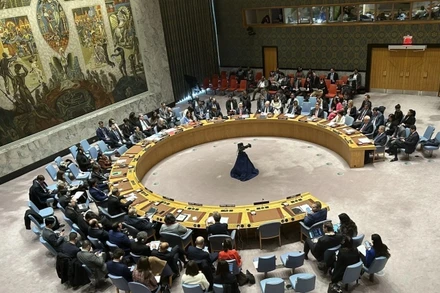 Toàn cảnh phiên họp Hội đồng Bảo an thông qua Nghị quyết. (Ảnh: Quang Huy/TTXVN)