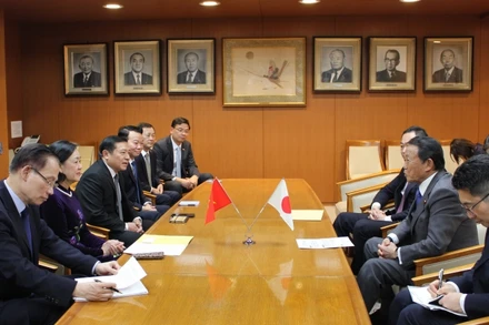 Đồng chí Thường trực Ban bí thư Trương Thị Mai hội đàm với Phó Chủ tịch Đảng Dân chủ Tự do (LDP) cầm quyền Aso Taro. (Ảnh: Nguyễn Tuyến/TTXVN)