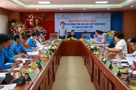 Phó Chủ tịch Tổng Liên đoàn Lao động Việt Nam Ngọ Duy Hiểu phát biểu tại hội thảo. 